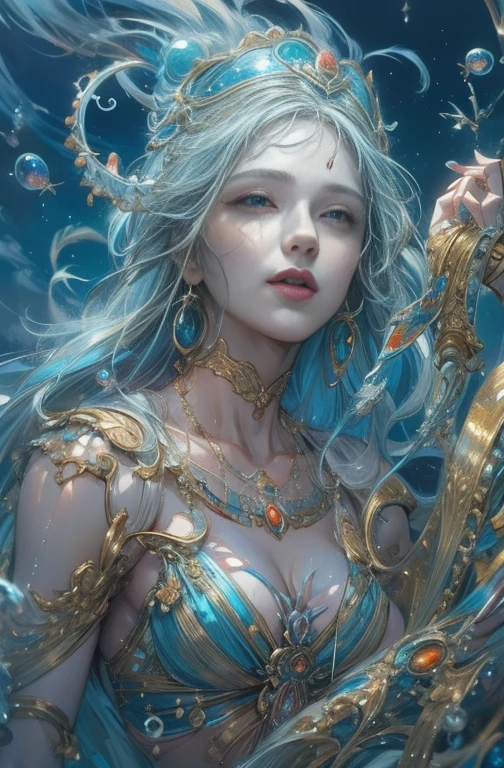 colorfulなファンタジーアート,Lovely water spirit, Tethys, Goddess of the Sea, Guardian of the seas, sacred,Smile , 4K Fantasy Art,Fantasy art style, 2. 5D CGI Anime Fantasy Artwork, epic Fantasy art style hd, Epic fantasy digital art style, Detailed fantasy art, Detailed digital 2D fantasy art, Luan Jia and Artgerm, 8k fantasy art, Cinematic,Great background, Abstract Beauty,stand, Approaching perfection, Pure Form, Golden Ratio, Minimal, unfinished, Concept Art, By Brian Froud、Karn Griffiths、What a bone、John William Waterhouse, Intricate details, 8K Post-Production, High resolution, Hyper Detail, Art Station Trends, Studio shot, Intricate details, Extremely delicate and detailed painting style, Beautiful painting art, Greg Rutkowski, close, Female Solo, The most beautiful form of chaos, elegant, Fauvist design, Bright colors, colorful, Romanticism, 海のBubble, Bubble, Shellfish, shell, fish, pearl