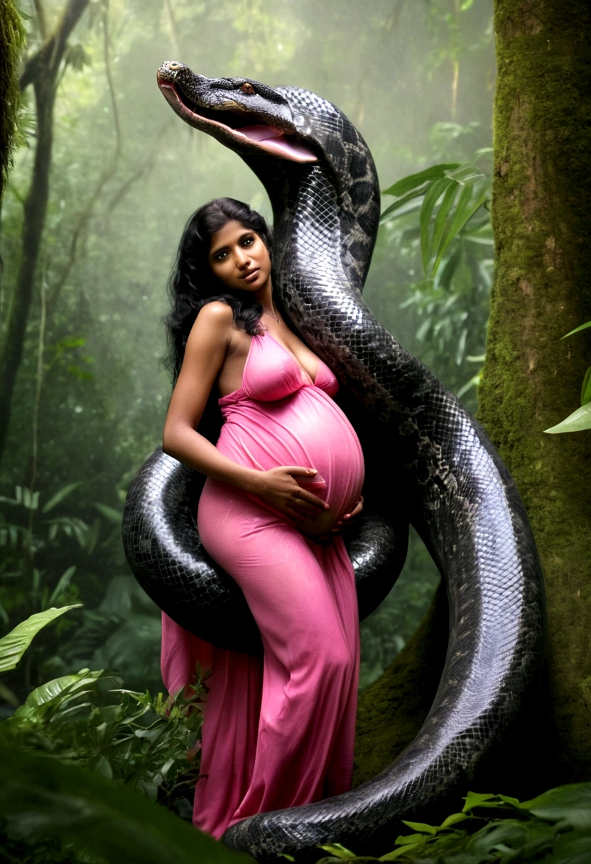  Pregnant Topless  pink thong wearing aroused horny beautiful happy young Indian  girl vs  Giant colossal black anaconda monster wrapped around her body squeezing her in coiled embrace cuddling and kissing  sexual erotic bestiality  sex  realistic in the rainforest full body, best quality wet nsfw