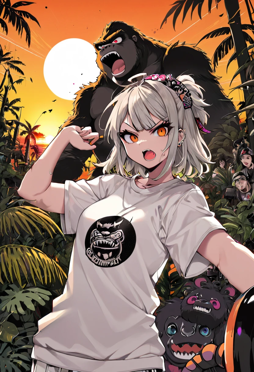 (((a sticker))), (((white background))),splash art, intricately detailed t-shirt design ready for print , 2d, ONE angry wild shouting furious  HUGE KING KONG in foreground, Jungle sunset at the background, vibe detailed design for streetwear and urban style t-shirts design, pro vector, (cel-shading style:1.3), inkpunk, (ink lines:1.1), strong outlines, bold traces, high contrast, (cel-shaded:1.1), vector, 32k resolution, best quality, flat lights,vector t-shirt art ready for print, intricate rich extremely complex ornaments illustration, extremely detailed and complex illustration, high detail, clean lines style, intricate high details, (((white plain background)))