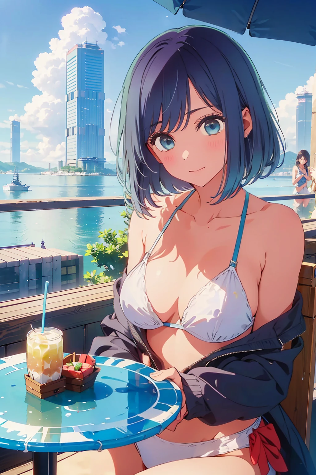 Highest quality,8k,detailed,F cup bust、Big Breasts、Very cute face、Slim and beautiful arms、Slim body、Very white beautiful skin、((((1 person、looking at the camera、smile、Thin white bikini、smile、sit、In the background are the skyscrapers of Tokyo city、Outdoor café terrace、Drink juice、Cheek resting on hand、coastal、table、Shooting from a distance))))、I can see the deep blue sky、She tilted her head slightly、The atmosphere is bright and lively、The woman is at the center of the image。