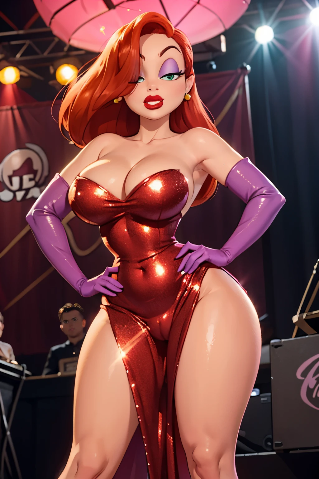 Masterpiece, hd, full detailed, jessica rabbit, sideless red dress, (glitter dress), purple sleeve gloves, dark orange hair, detailed eyes, perfect eyes, green eyes, pink eye make up, red lipstick, cleavage, seductive look, seductive pose, thick thighs, looking at viewer, cameltoe, on stage