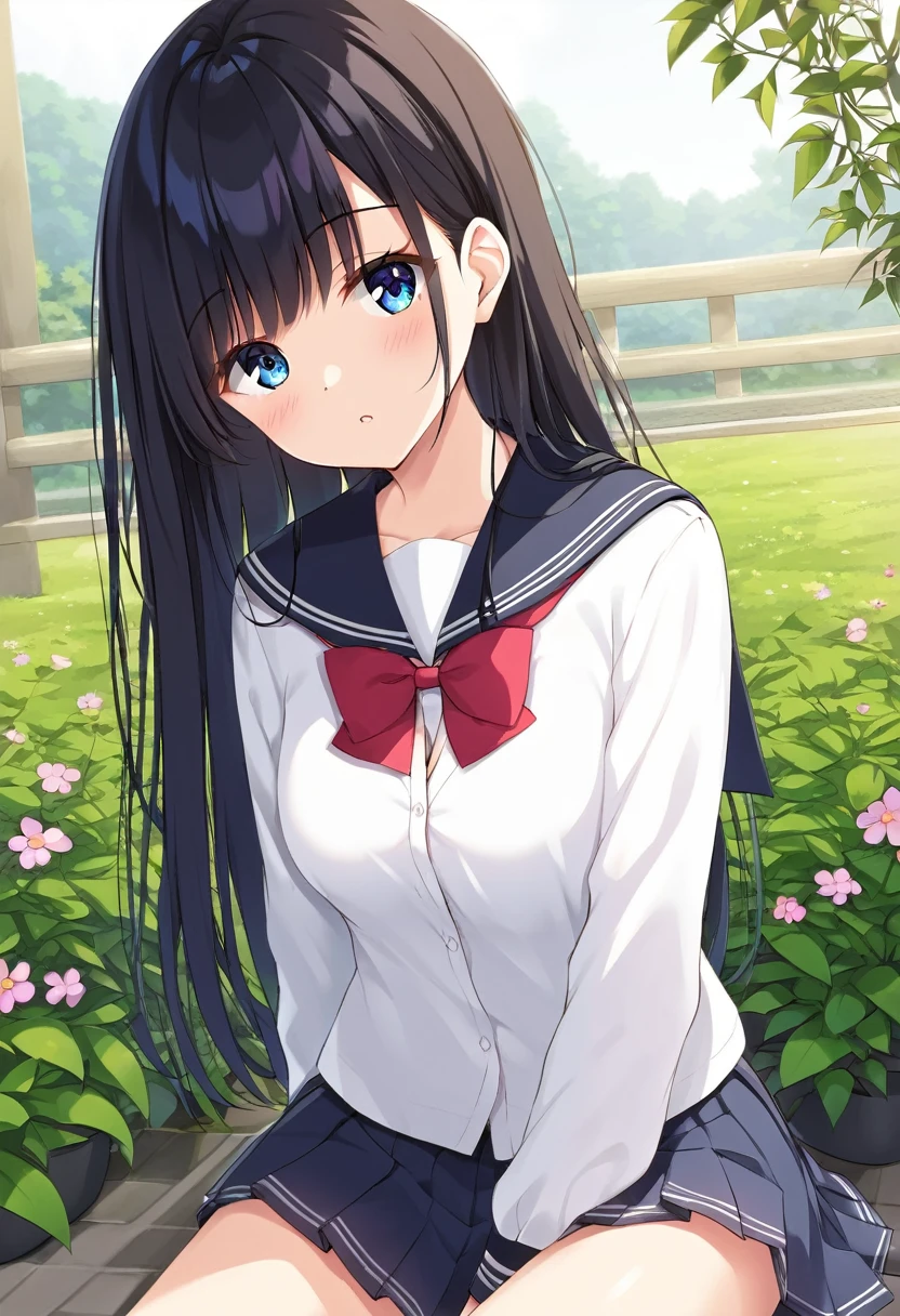  Masterpiece, best quality, ultra high quality, highres, wallpaper 8k, 1girl, solo, long hair, black hair, Bangs, blue eyes, school uniform, sitting, garden background,