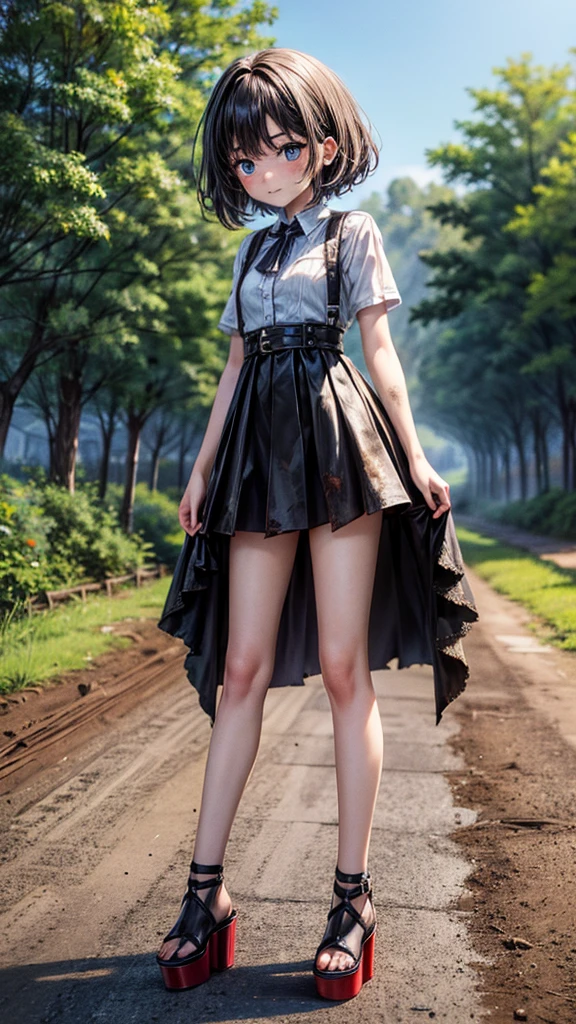 young country teen, tomboy, ((tall open-toed platform high heels)), countryside, dirt road, short black hair, dirty, torn clothes