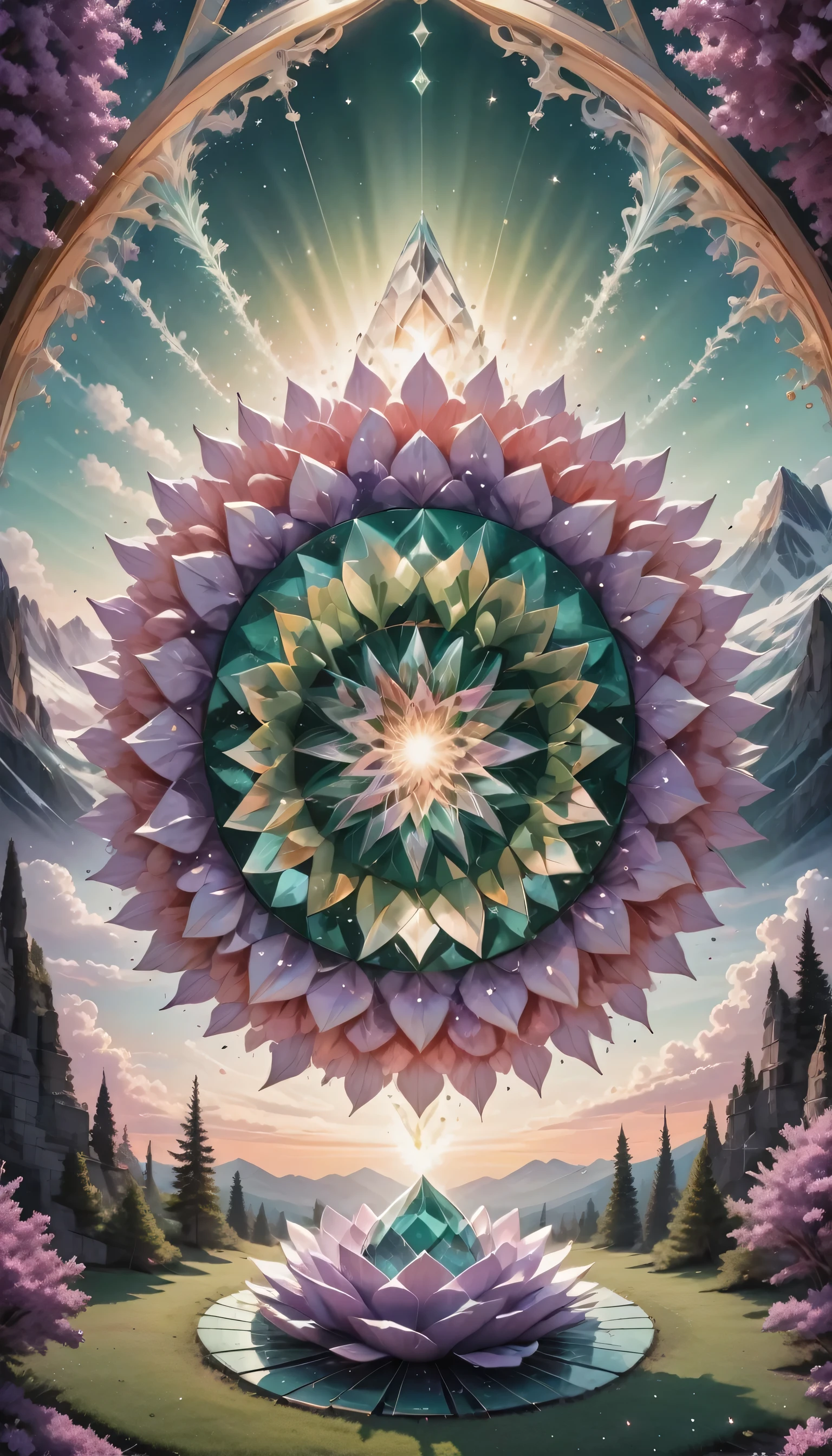 Large geometric shapes, Mandala Sacral Geometry Made of Lilac Petals, Hypnotize, performer, Golden ratio in the center of the image, Flying over a landscape made of Swarovski fractal crystals, Shining mosaic pattern, Centered, Sharp focus, Perfect composition, dynamic, The Shining glowing ,green,white,coral pink, pink, tiffany green, performer swirling, the wind is strong, Sparkles swirl, green,pastel, cloudy, Amazing adventure,high quality 16K resolution, Gothic (Luminism Photography:1.7) Aurora Light, Long-lasting rose flower, Feather and small bell, t Quartz, The Shining, mosaic, Sparkling, Made by Nikon, Sharp focus, Perfect quality, High resolution, Long Shot, 16K resolution, masterpiece, Breathtakingly beautiful, Strict details, Attention to detail, Complementary Color, Soft colors、Spectacular 3D shading、Detailed Matte Painting、Exquisite detail, High resolution, Beautifully photographed, Surreal, Sharp focus, Megapixels, Perfect composition, High Contrast, Cinematic, Atmospheric, Sulky . masterpiece, Highest quality, so beautiful, Absurd, otclillsn