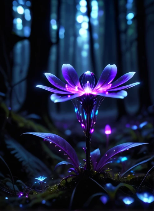 bioluminescent purple flower,fabulous night forest,magical radiance,Concept art,depth of field,Raw photo,realistic,cinematic lighting,soft shadows,sharp focus,fractal,colorful,depth of field,best quality,16k resolution,vivid colors,volumetric lighting,