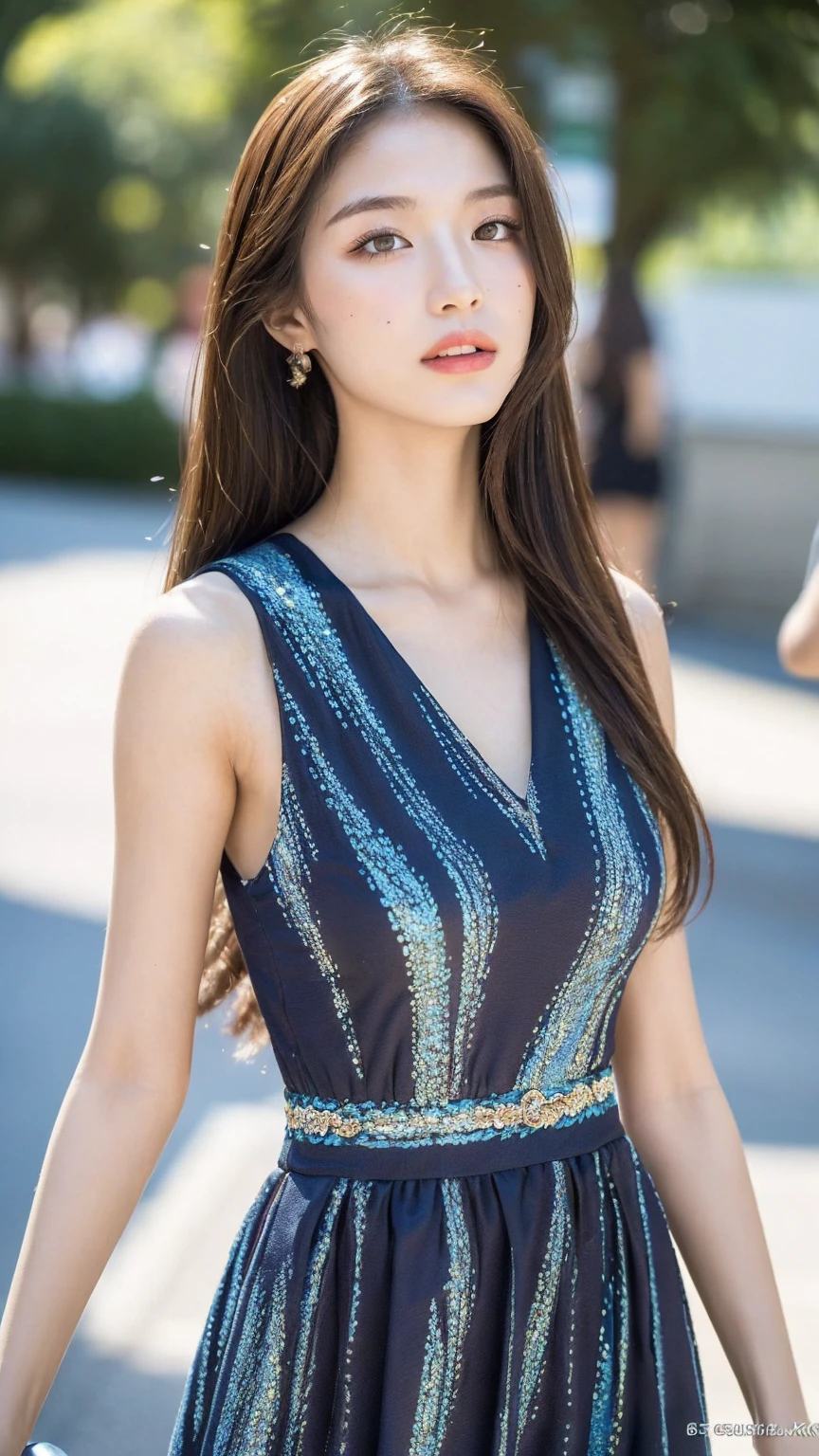 ((Best quality, 8K, masterpiece:1.3)),1girl,18 years old,Asian,Real texture:1.3,(Background blur:1.3),Gorgeous long dress,Tall and slender figure:1.2,(Hot summer weather),(street:1.3),Highly detailed face and skin textures,Exquisite eyes,Long eyelashes,Double eyelids,Skin Whitening,happy
