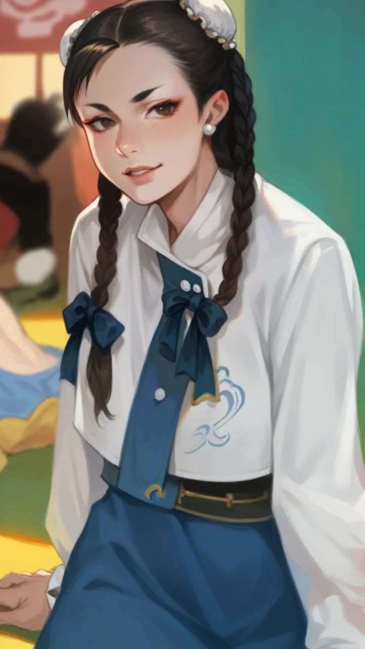 Chun Li's face, cat ears, red Chinese clothes, sitting and smiling, anime style.