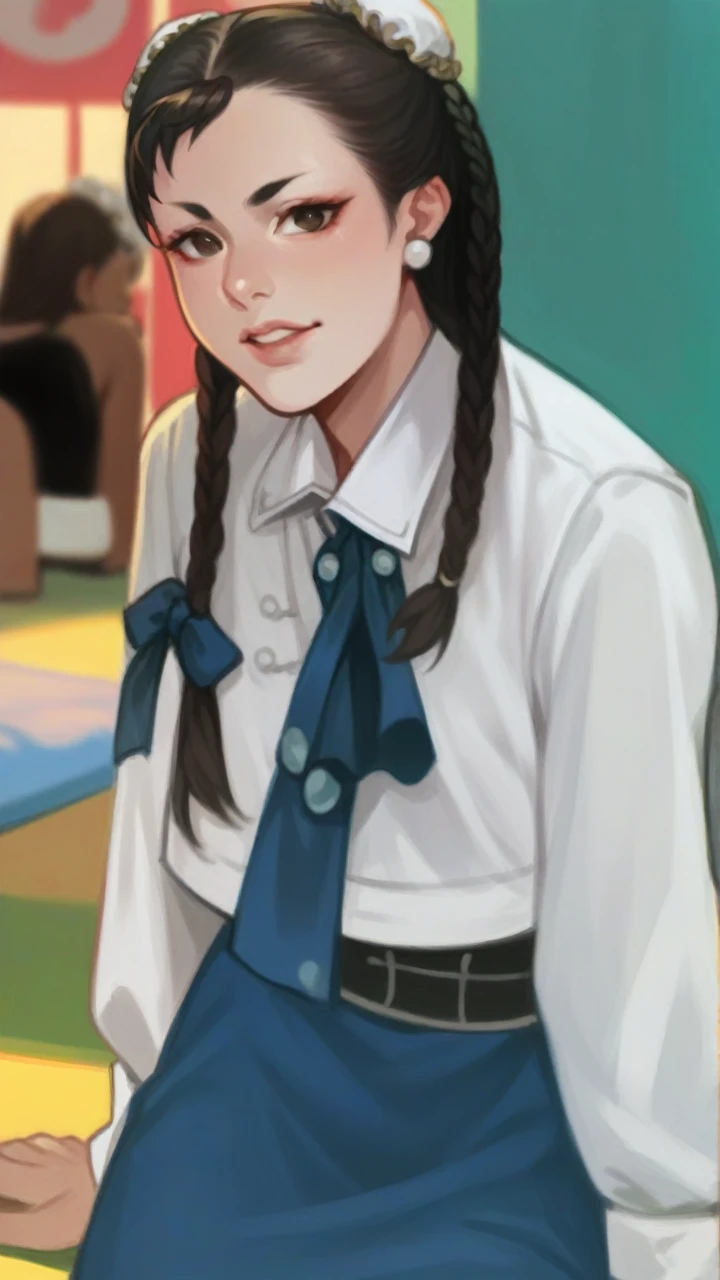 Chun Li's face, cat ears, red Chinese clothes, sitting and smiling, anime style.