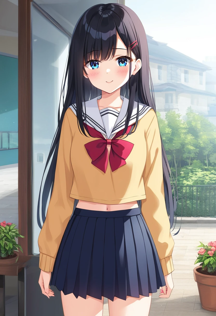 Masterpiece, best quality, ultra high quality, highres, wallpaper 8k, 1girl, solo, long hair, black hair, Bangs, blue eyes, school uniform, standing, garden background,