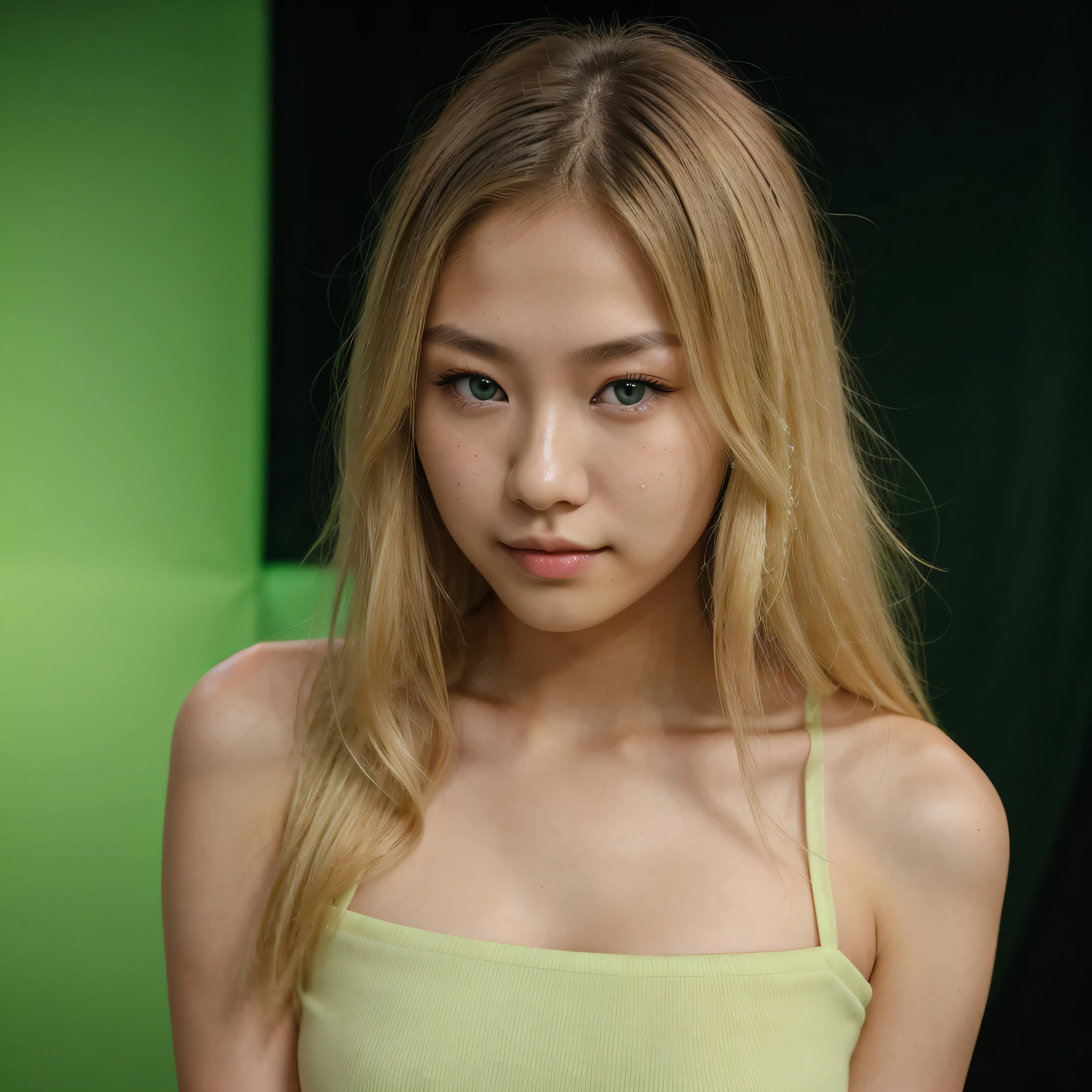 Line green screen in background. an eye contact of a blond with shoulder length hair and dark theme. Half American half chinese really cute, 18 years old, soft skin