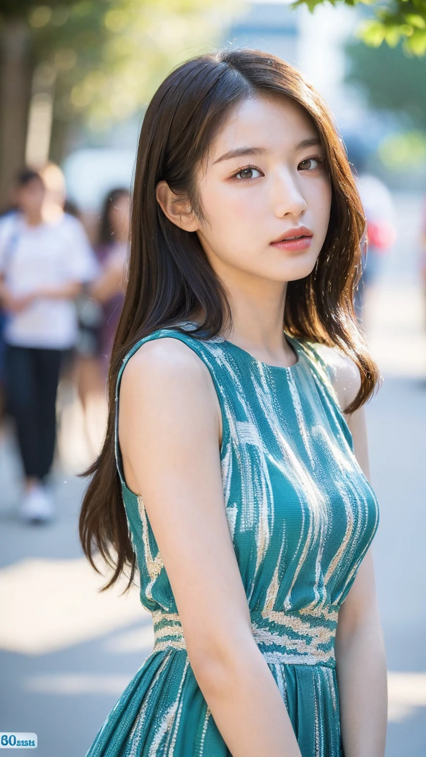 ((Best quality, 8K, masterpiece:1.3)),1girl,18 years old,Asian,Real texture:1.3,(Background blur:1.3),Gorgeous long dress,Tall and slender figure:1.2,(Hot summer weather),(street:1.3),Highly detailed face and skin textures,Exquisite eyes,Long eyelashes,Double eyelids,Skin Whitening,happy