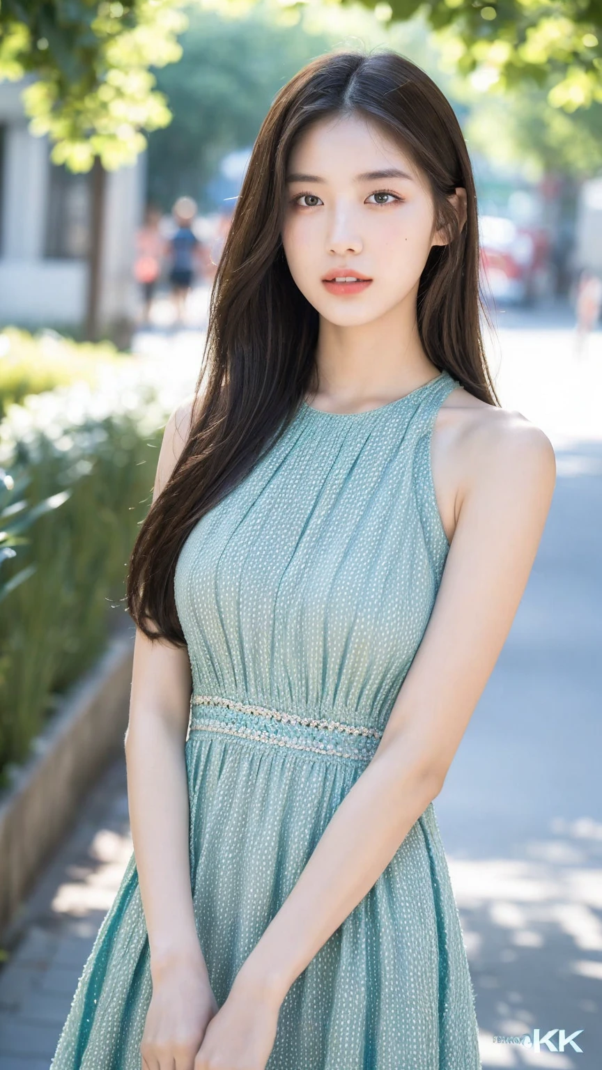 ((Best quality, 8K, masterpiece:1.3)),1girl,18 years old,Asian,Real texture:1.3,(Background blur:1.3),Gorgeous long dress,Tall and slender figure:1.2,(Hot summer weather),(street:1.3),Highly detailed face and skin textures,Exquisite eyes,Long eyelashes,Double eyelids,Skin Whitening,happy