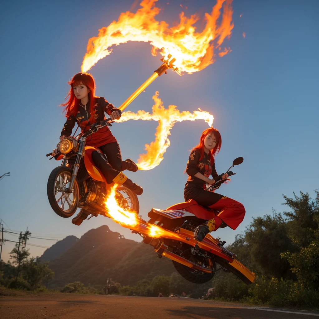 Chinese beautiful girl, floating fiery hair, ridding chopper motorbike, emitting sacred flame