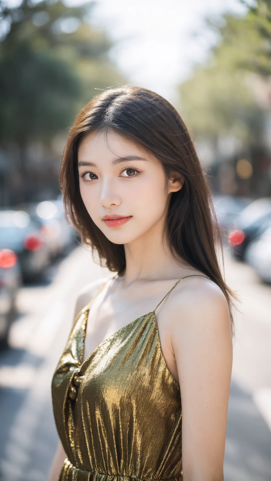 ((Best quality, 8K, masterpiece:1.3)),1girl,18 years old,Asian,Real texture:1.3,(Background blur:1.1),Gorgeous long dress,Tall and slender figure:1.2,(Hot summer weather),(street:1.3),Highly detailed face and skin textures,Exquisite eyes,Long eyelashes,Double eyelids,Skin Whitening,happy,Various postures