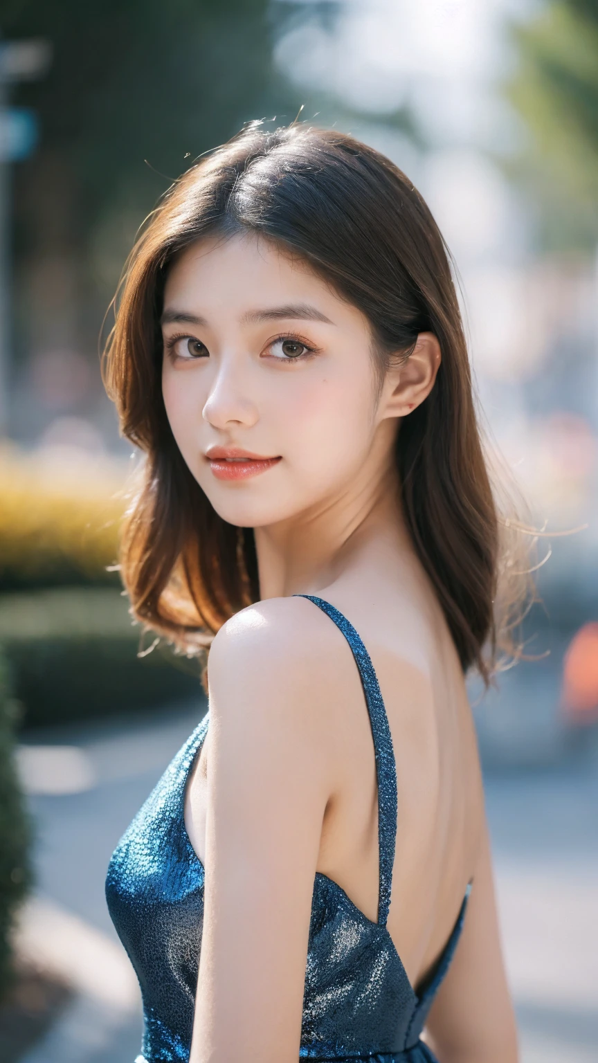 ((Best quality, 8K, masterpiece:1.3)),1girl,18 years old,Asian,Real texture:1.3,(Background blur:1.1),Gorgeous long dress,Tall and slender figure:1.2,(Hot summer weather),(street:1.3),Highly detailed face and skin textures,Exquisite eyes,Long eyelashes,Double eyelids,Skin Whitening,happy,Various postures,Big breasts