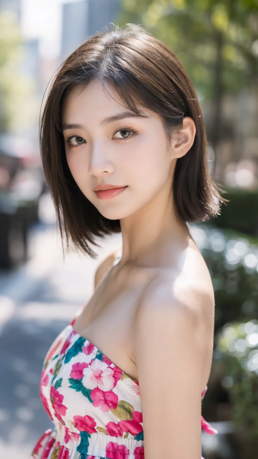 ((Best quality, 8K, masterpiece:1.3)),1girl,18 years old,Asian,Real texture:1.3,(Background blur:1.1),Gorgeous long dress,Tall and slender figure:1.2,(Hot summer weather),(street:1.3),Highly detailed face and skin textures,Exquisite eyes,Long eyelashes,Double eyelids,Skin Whitening,happy,Various postures