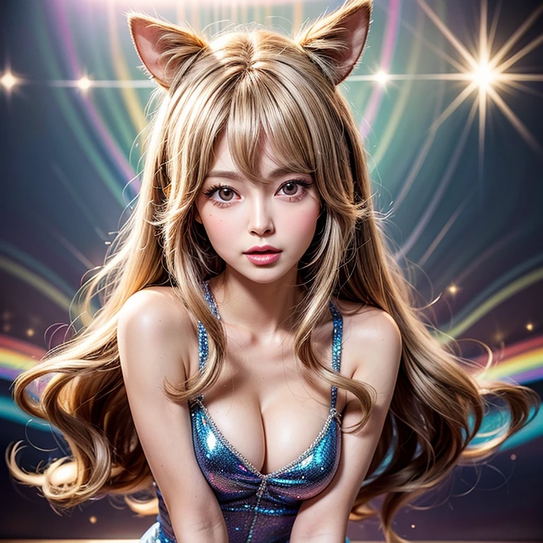 NSFW, 8k, High-level, absurd, masterpiece, best quality, primitive, very detailed CG, very detailed wallpaper, perfect lighting, Extremely detailed (((The personifying " Farrah Fawcett Majors " as a ))), MysticSight, Tyndall effect, Tyndall scattering, Studio gray background with (many Dazzling RainbowColor particles BokeH:1.28), (RoundlyButts, ThighGap), (Exposed:0.4), (Assfocus with looking ahead), BREAK (NOGIZAKA face variations) Extremely Detailed very KAWAII face variations, perfect anatomy, Childish, captivating gaze, elaborate detailed Eyes with (sparkling highlights:1.28), long eyelashes、Glossy RED Lips with beautiful details, Coquettish tongue, Rosy cheeks, Radiant PearlSkin with clear transparency . { (Dynamic LifeLike expressions:1.4) | :d) }, (large eyes:-1) .