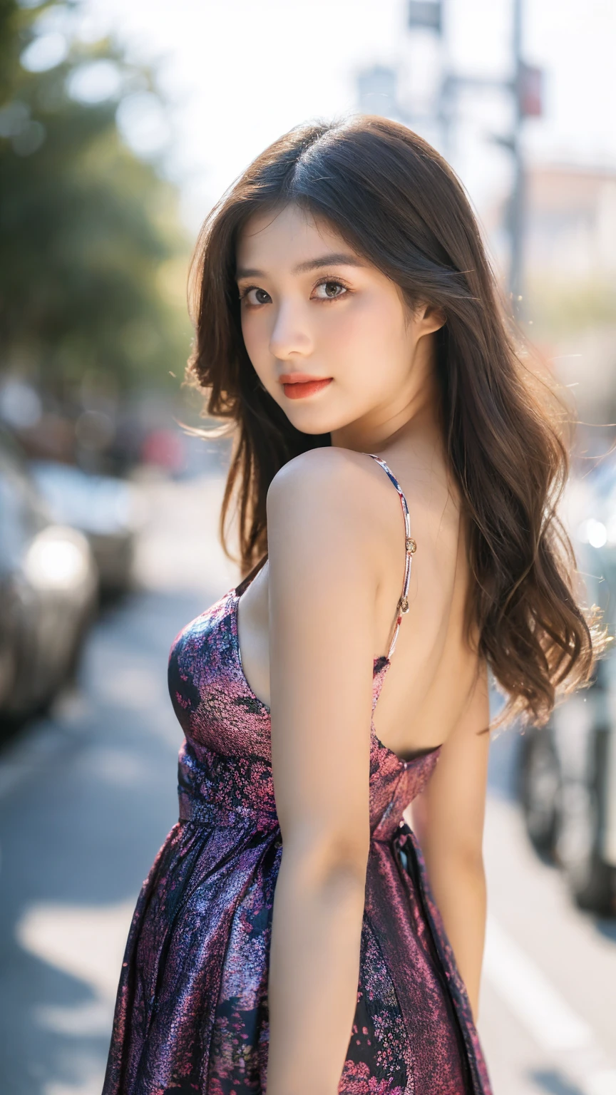 ((Best quality, 8K, masterpiece:1.3)),1girl,18 years old,Asian,Real texture:1.3,(Background blur:1.1),Gorgeous long dress,Tall and slender figure:1.2,(Hot summer weather),(street:1.3),Highly detailed face and skin textures,Exquisite eyes,Long eyelashes,Double eyelids,Skin Whitening,happy,Various postures