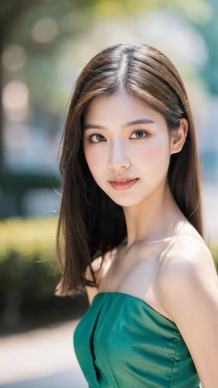 ((Best quality, 8K, masterpiece:1.3))，1girl，18 years old，Asian，Real texture:1.3，(Background blur:1.1)，Gorgeous long dress，Tall and slender figure:1.2，(Hot summer weather)，（street:1.3），Highly detailed face and skin textures，Exquisite eyes，Long eyelashes，Double eyelids，Skin Whitening，happy，Various postures