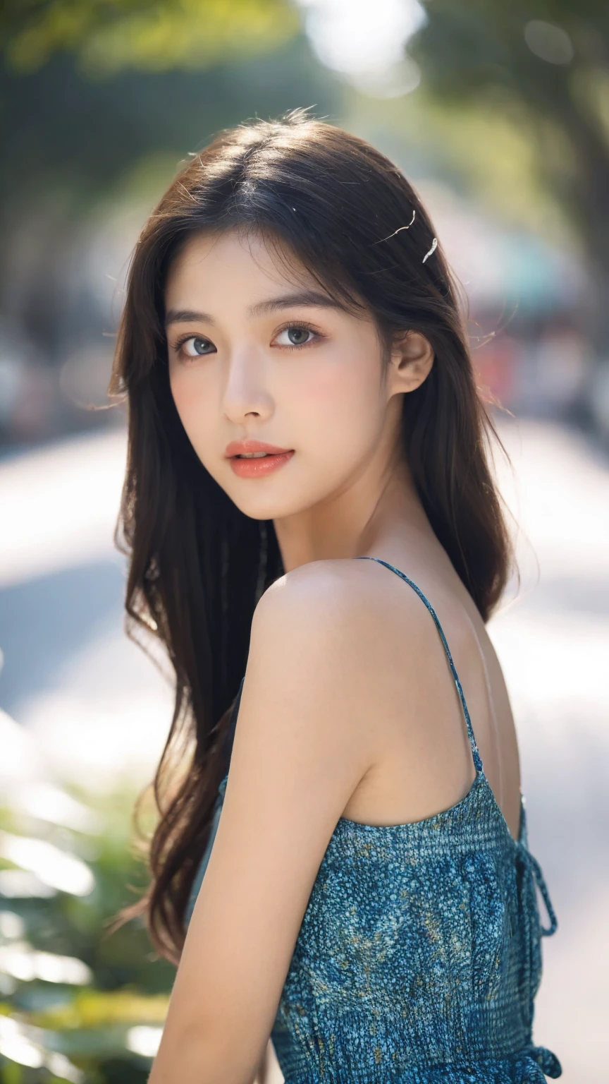 ((Best quality, 8K, masterpiece:1.3)),1girl,18 years old,Asian,Real texture:1.3,(Background blur:1.1),Gorgeous long dress,Tall and slender figure:1.2,(Hot summer weather),(street:1.3),Highly detailed face and skin textures,Exquisite eyes,Long eyelashes,Double eyelids,Skin Whitening,happy,Various postures