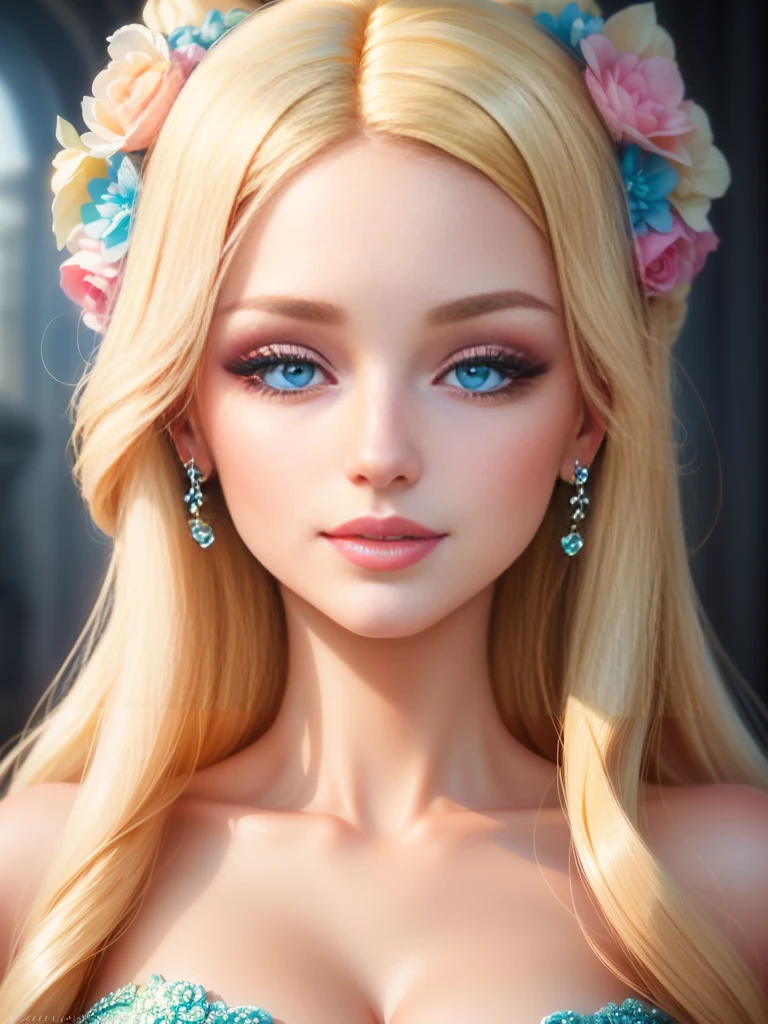 Bright and glamorous portrait of a Barbie doll with impeccable details., capture her elegance and charm in high definition computer graphics.. Radiant and flawless, the doll has a stylish outfit, stunning blue eyes, and perfectly styled (blonde hair:1.2). Soft lighting enhances its beauty., and a slight shine adds a touch of magic. On a dreamy background, filled with pastel colors and delicate colors., The composition creates a whimsical and enchanting atmosphere.