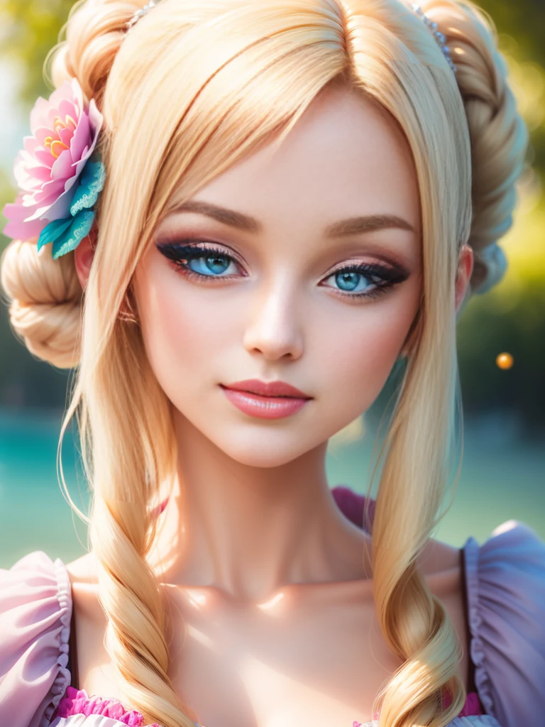 Bright and glamorous portrait of a Barbie doll with impeccable details., capture her elegance and charm in high definition computer graphics.. Radiant and flawless, the doll has a stylish outfit, stunning blue eyes, and perfectly styled (blonde hair:1.2). Soft lighting enhances its beauty., and a slight shine adds a touch of magic. On a dreamy background, filled with pastel colors and delicate colors., The composition creates a whimsical and enchanting atmosphere.