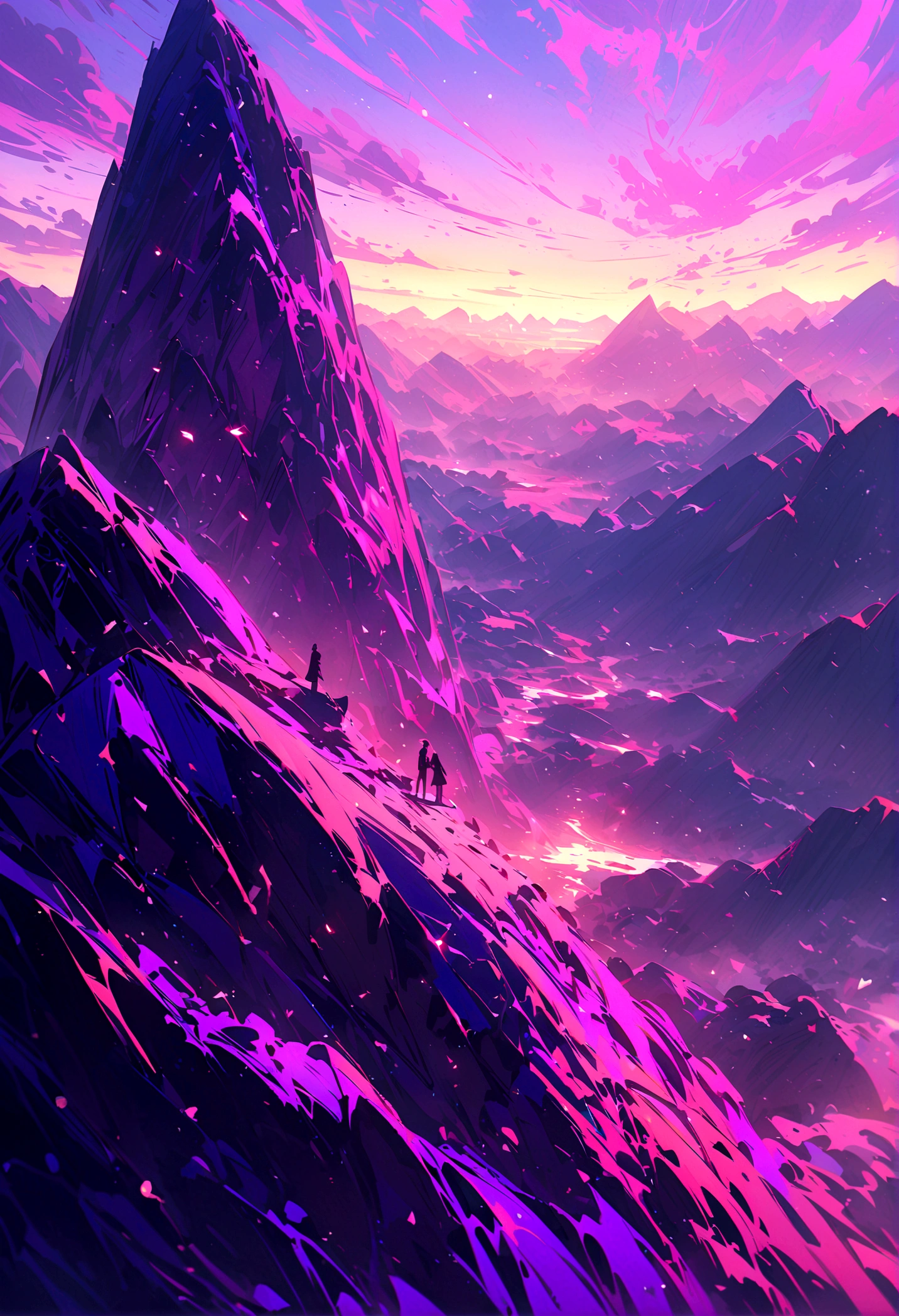 Two people talking on top of a purple mountain