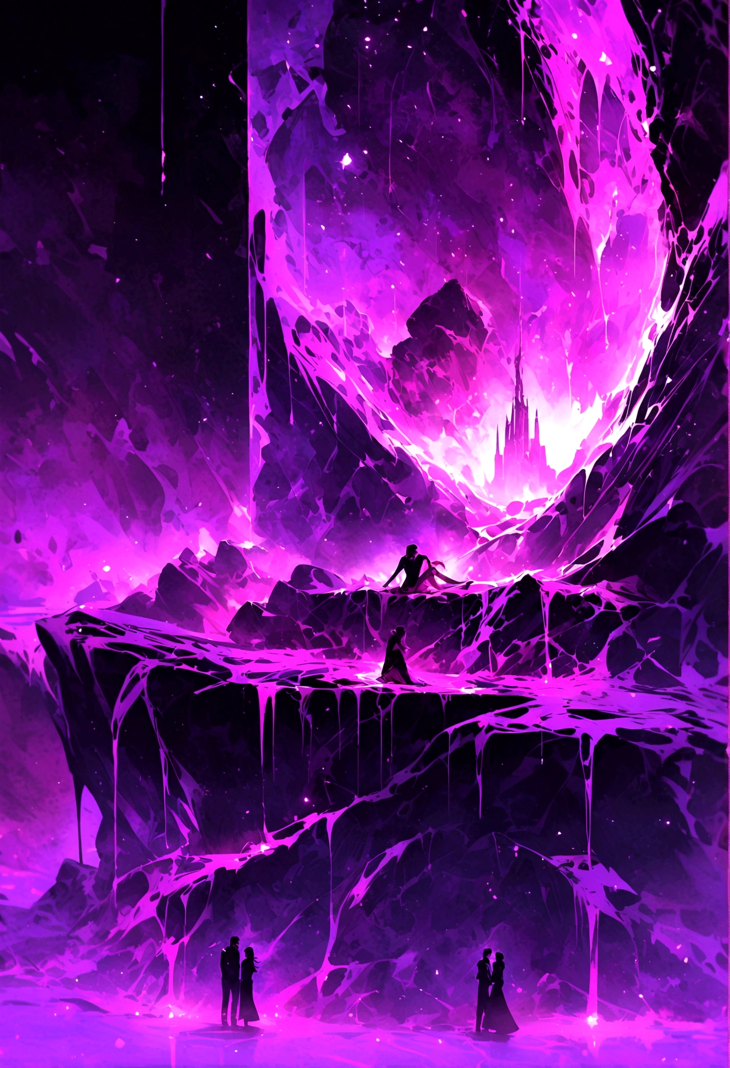 Two people talking on top of a purple mountain