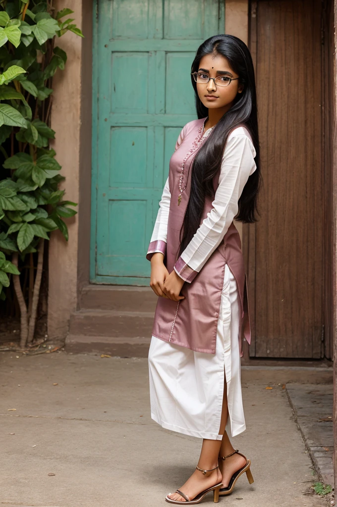 Make a photo of 16 year old Indian girl. wearing a kurta, height is 145 cm, weight, 30 kg ,dusky skin ,tone, wearing specs, wearing heels ,having 4 ear piercing.thin girl