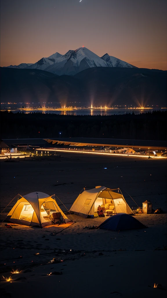 camps in a plane region at night , bonfire