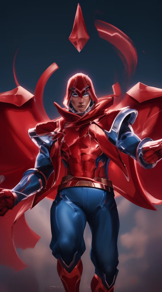 superhero, muscular male, flying, cape, iconic red and blue costume, detailed facial features, intense expression, dramatic lighting, cinematic composition, detailed texture, photorealistic, 8k, high quality, masterpiece