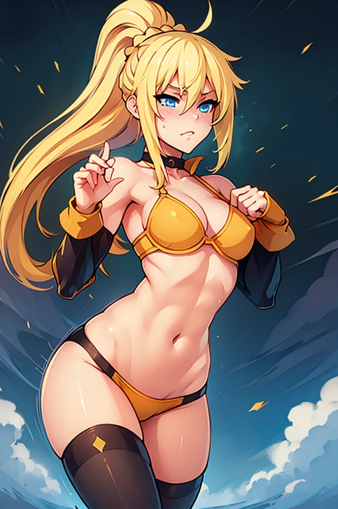 Darkness from KonoSuba, hot horny and sexy blonde muscle girl, athletic female body, yellow-orange bra and panties, stockings, choker