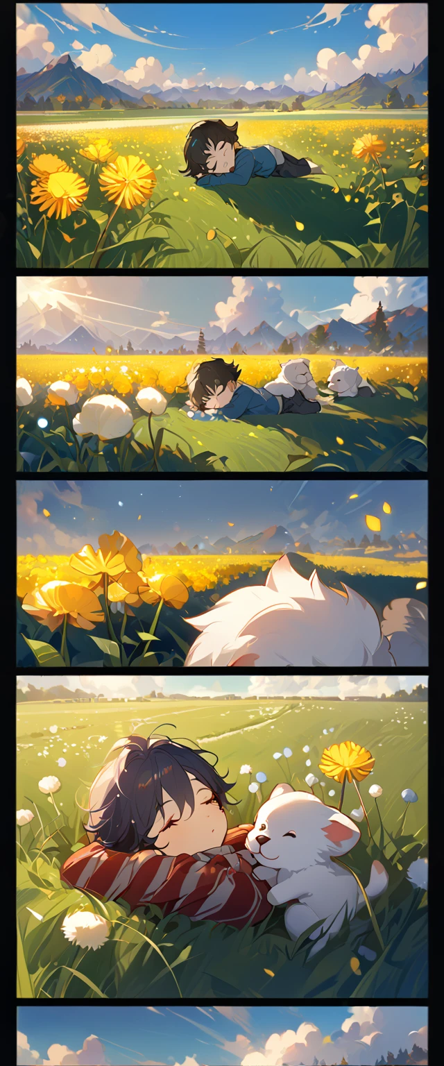 masterpiece, best quality, 8k, 4k, 1boy, sleeping, dark blue hair with red stripes, blue long sleeve shirt, short pale brown pants with pocket, lay down on the field, a small white furry puppy sleeping next to the boy, cute round siberian white puppy, dandelions fields, dandelions, wind blowing, sleeping on the fields, finely detailed eyes and detailed face, inspired by Asukaziye artist : ask, art style : ask