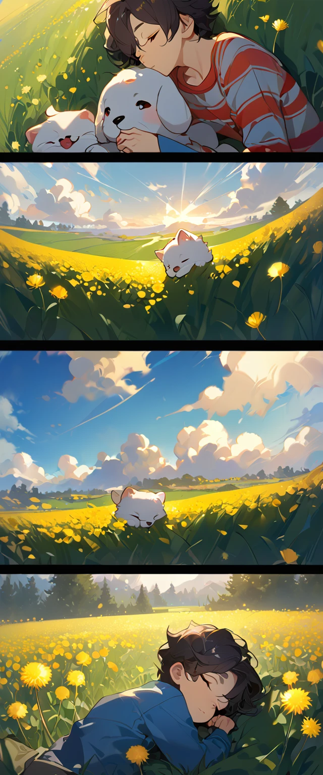 masterpiece, best quality, 8k, 4k, 1boy, sleeping, dark blue hair with red stripes, blue long sleeve shirt, short pale brown pants with pocket, lay down on the field, a small white furry puppy sleeping next to the boy, cute round siberian white puppy, dandelions fields, dandelions, wind blowing, sleeping on the fields, finely detailed eyes and detailed face, inspired by Asukaziye artist : ask, art style : ask