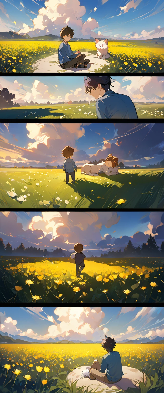 masterpiece, best quality, 8k, 4k, 1boy, ???, sleeping, dark blue hair with red stripes, blue long sleeve shirt, short pale brown pants with pocket, lay down on the field, a small white furry puppy sleeping next to the boy, cute round siberian white puppy, dandelions fields, dandelions, wind blowing, sleeping on the fields, finely detailed eyes and detailed face, inspired by Asukaziye artist : ask, art style : ask