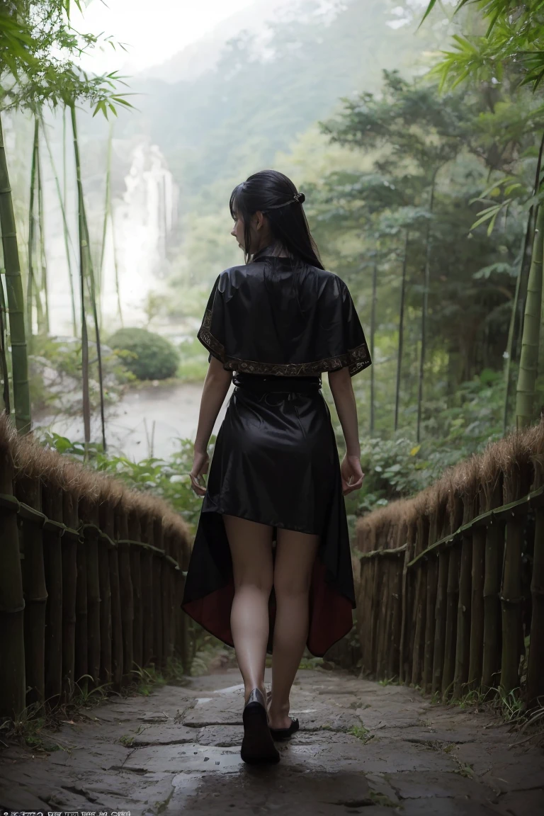 fantasy, Landscape photo of the forest, Chinese martial arts style, The skin is wet and shiny, (A 25-year-old girl samurai wears a black combat uniform,Hold a sword with gold details and glowing, Golden cape), (In a dense bamboo forest,Forest path, Night, thunderstorm, Dark sky, rain: 1.2), China-style, barbara (Genshin Impact:0.5), Elsa (Frozen):0.5, (Intricate details:1.2), Black hair, Wavy hair, lamplight, Sad, Brown eyes, symmetrical features, Detailed hands, Detailed fingers, (Masterpiece:1.2), (Epic composition:1.4), (talent:1.2), Ultra detailed, Highly detailed, insanely details, (Photorealistic:1.2), hdr, 8K, Exquisite, Sharp, elegant, fantasy vivid colors, High quality, battle garment, (full body shot of: 1.8),(Faraway view: 1.8),ultra-wide-angle