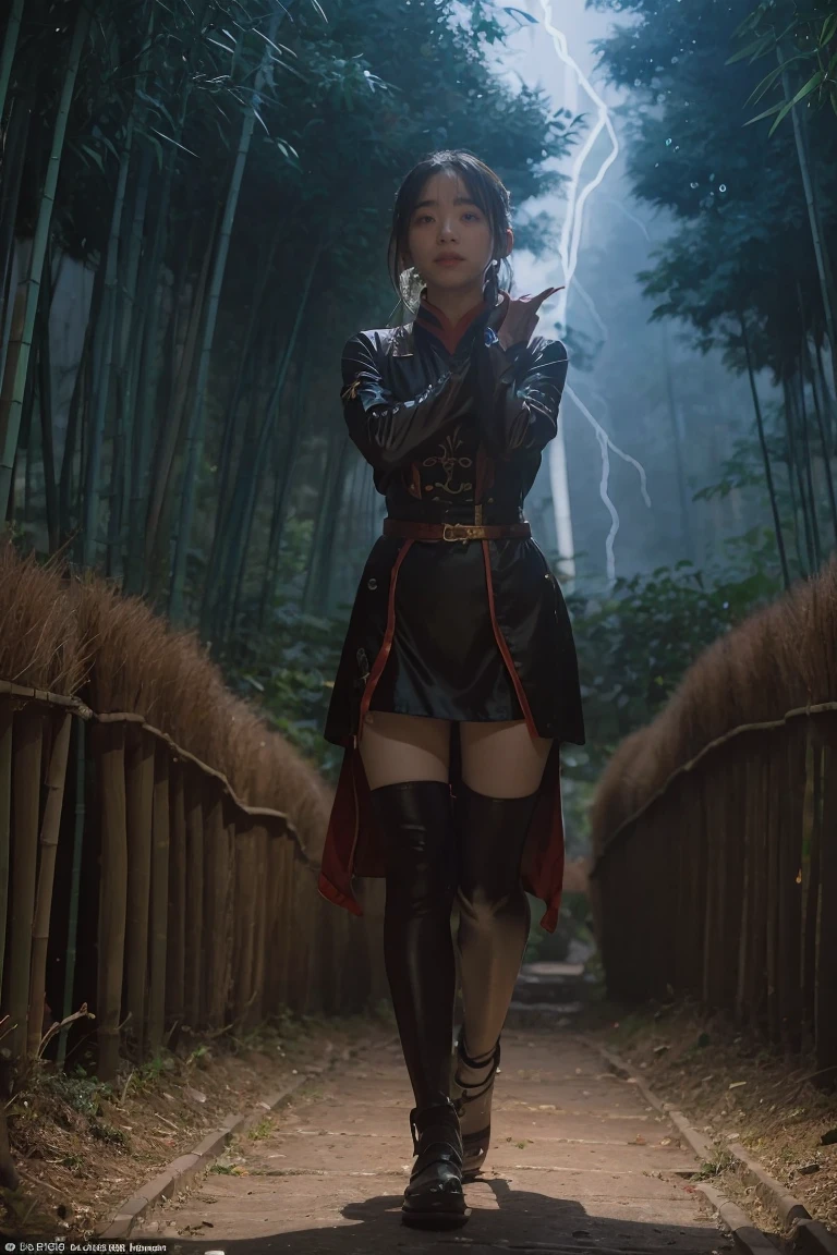 fantasy, Landscape photo of the forest, Chinese martial arts style, The skin is wet and shiny, (A 25-year-old girl samurai wears a black combat uniform,Hold a sword with gold details and glowing, Golden cape), (In a dense bamboo forest,Forest path, Night, thunderstorm, Dark sky, rain: 1.2), China-style, barbara (Genshin Impact:0.5), Elsa (Frozen):0.5, (Intricate details:1.2), Black hair, Wavy hair, lamplight, Sad, Brown eyes, symmetrical features, Detailed hands, Detailed fingers, (Masterpiece:1.2), (Epic composition:1.4), (talent:1.2), Ultra detailed, Highly detailed, insanely details, (Photorealistic:1.2), hdr, 8K, Exquisite, Sharp, elegant, fantasy vivid colors, High quality, battle garment, (full body shot of: 1.8),(Faraway view: 1.8),ultra-wide-angle
