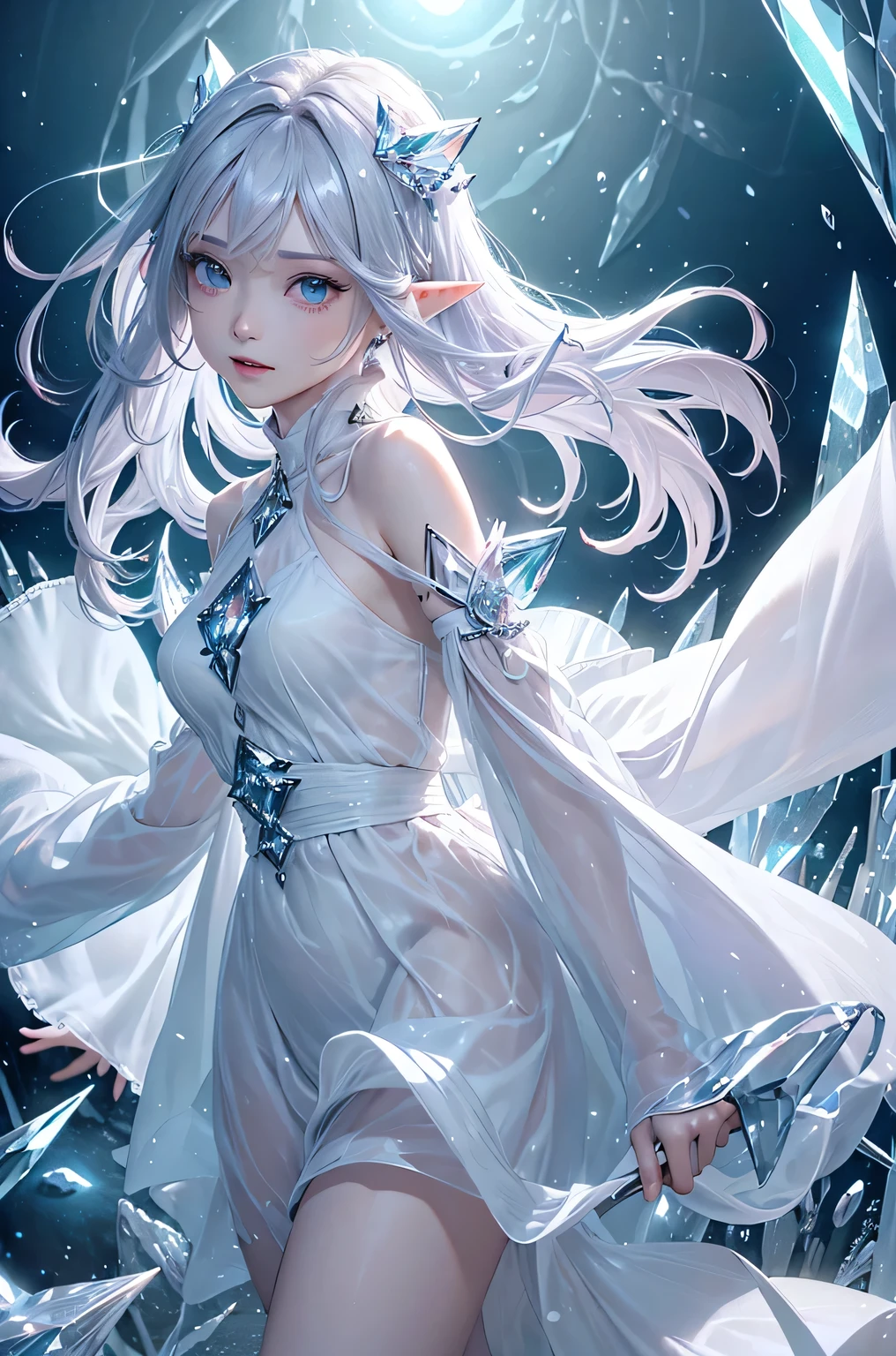 (masterpiece、Highest quality、Highest、Official Art、Beautiful and aesthetic、Long Exposure:1.2)、Smooth movement、Attractive patterns、One Girl、(Long dress with sleeves:1.3)、(((White clothes)))、Upper body close-up、Exposing shoulders、Korean Girls、smile、Light purple long hair、Portraiture、solo、Upper body、Looking at the observer、Detailed Background、Detailed face、(Crystallized AI、Crystal Theme:1.1)、Elemental Wind Elf、Rotating Wind、 Wind、White crystal clothes、Dynamic pose、Suspended particles、Aether Dynamics、Wind、vapor、背景にWind、White Tone、Wind、Ethereal atmosphere、