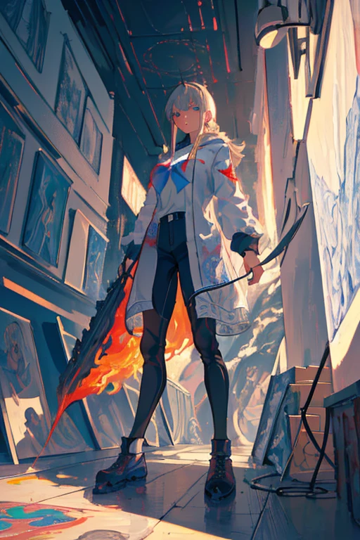 A Russian girl in her early 20s with ash grey hair, burning like a Phoenix costume, ((highest quality)),(Ultra-high resolution),(Very detailed),(Detailed Description),((The best CG)),(A masterpiece),Ultra-precise art,Amazing drawing art,(Art with precise detail:1.5), steel, Swordsman