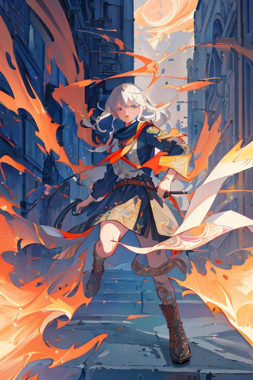A Russian girl in her early 20s with ash grey hair, burning like a Phoenix costume, ((highest quality)),(Ultra-high resolution),(Very detailed),(Detailed Description),((The best CG)),(A masterpiece),Ultra-precise art,Amazing drawing art,(Art with precise detail:1.5), steel, Swordsman