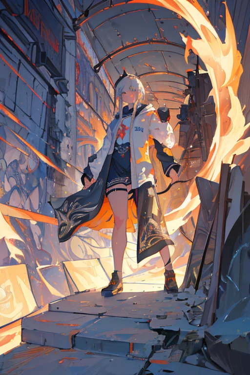 A Russian girl in her early 20s with ash grey hair, burning like a Phoenix costume, ((highest quality)),(Ultra-high resolution),(Very detailed),(Detailed Description),((The best CG)),(A masterpiece),Ultra-precise art,Amazing drawing art,(Art with precise detail:1.5), steel, Swordsman