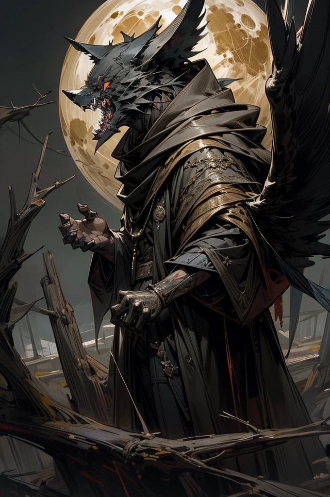 masterpiece,best quality,dynamic scene,super fine illustration,Super detailed,beautiful background(full moon,Dead Wood),horror style,Black cloak,wolf face,Beastman,hunter,perfect hands,perfect face,cool,Jet-black wings,