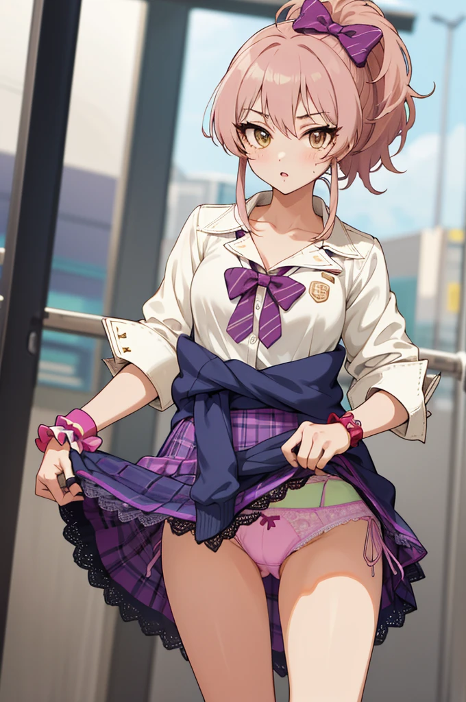 masterpiece, best quality, highres, aamika, ponytail, hair bow, collarbone, ,, bowtie, collared shirt, white shirt, sleeves rolled up, wrist scrunchie,, clothes around waist, plaid skirt, purple skirt, standing, cowboy shot, outdoors,(((lift skirt,lace panties,gyaru))),looking viewer