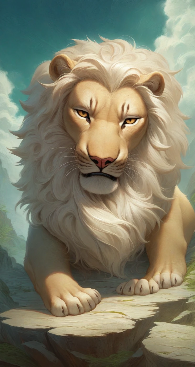 a close up of a painting of a lion on a rock, intricate ornate anime cgi style, highly detailed digital art, great digital art with details, 4 k highly detailed art, 4k highly detailed digital art, highly detailed digital artwork, high detailed digital art, highly detailed 4 k art, hyper detailed digital art, asian hyperdetailed, extremely intricate high detail