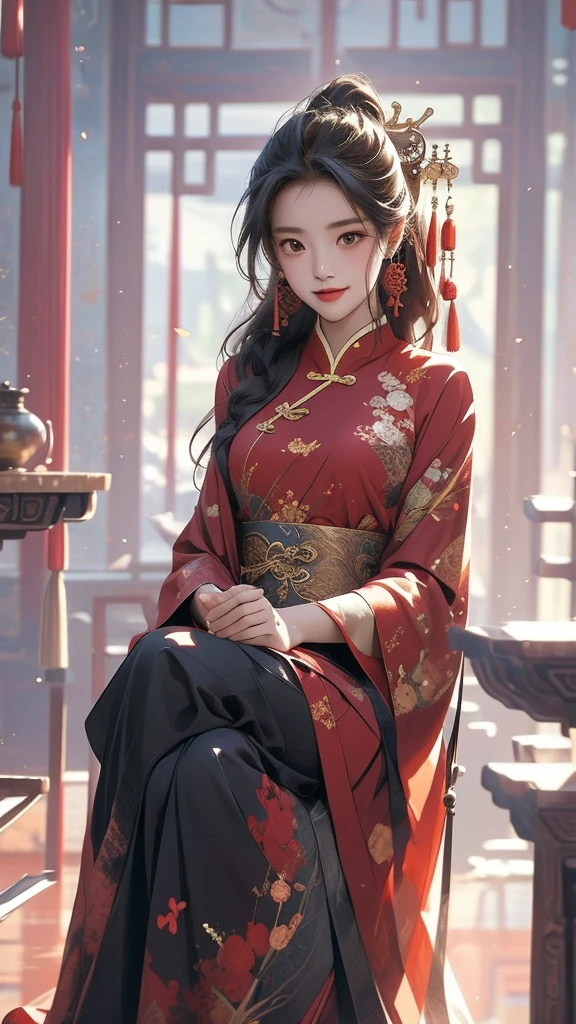 masterpiece, best quality, 1girl, solo focus, chinese style, ancient room,indoors, on chair, china dress, crossed legs, light smile