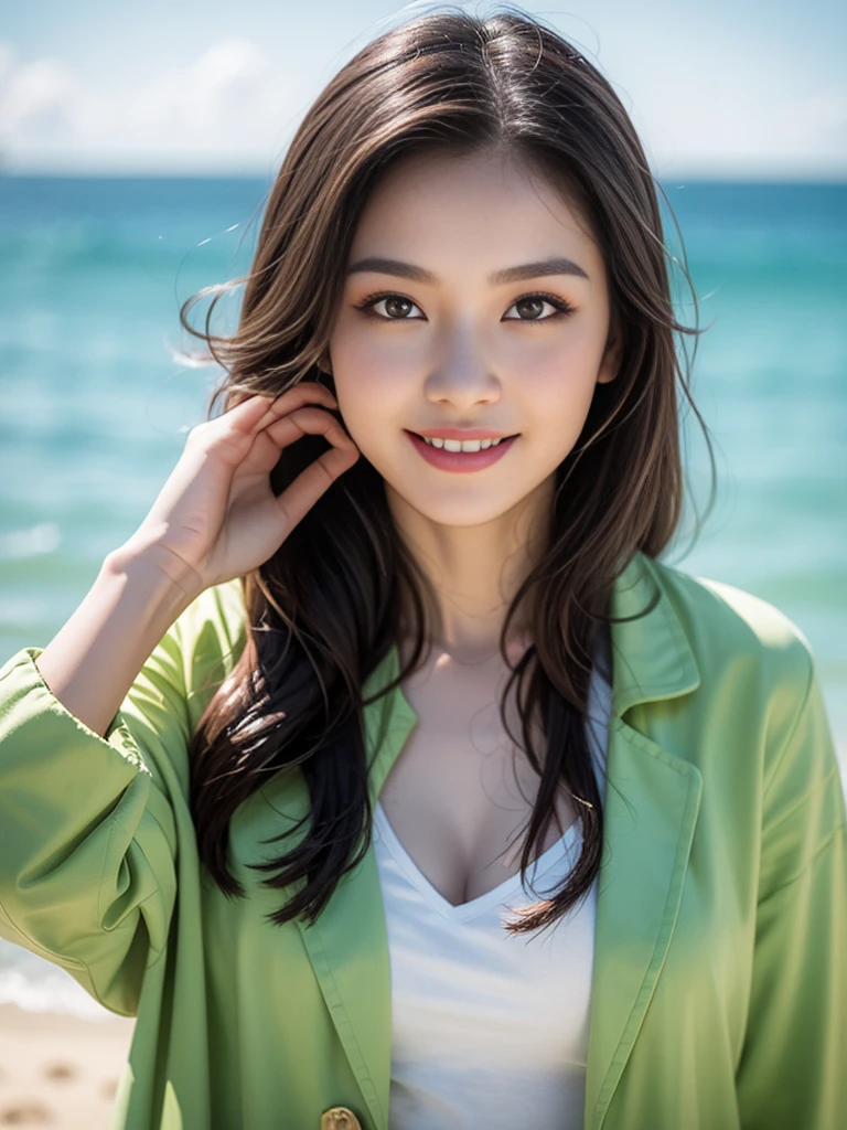 highest quality, figure, Ultra-detailed, finely, High resolution, 8K Wallpaper, 完璧なダイナミックな構figure, Beautiful Skin, (Big Eyes), 20 year old beautiful girl, Natural color lip, (Sexy pose), Mid chest, smile, Highly detailed face and skin texture, Detailed eyes, Double eyelid,leaking teeth and laughing, close-up, medium brown hair, (Orange jacket), (shirt:1.2), Seaside
