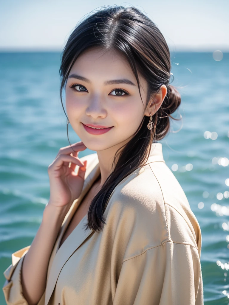 Smiling, (Best quality details:1.2),8K high definition,Ultra detailed,High quality texture,Intricate details,Detailed texture,finely detailed,High detail,Extremely detailed CG,Highqualityshadow,Detailed beautiful delicate face,(Detailed beautiful delicate eyes:1.32),Depth of field,Ray tracing,(A beautiful 25 year old lovely classical Chinese lady:1),Glow eyes,Blush, Perfect petite body，Dance,Free dance,spin dance,Green trench coat set,Tasteful shirts,Sunlight，Sea sky background，The sea breeze blows，The world is vast