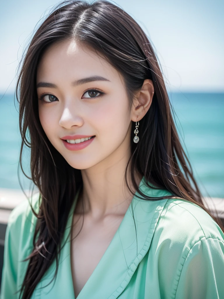 Smiling, (Best quality details:1.2),8K high definition,Ultra detailed,High quality texture,Intricate details,Detailed texture,finely detailed,High detail,Extremely detailed CG,Highqualityshadow,Detailed beautiful delicate face,(Detailed beautiful delicate eyes:1.32),Depth of field,Ray tracing,(A beautiful 25 year old lovely classical Chinese lady:1),Glow eyes,Blush, Perfect petite body,Dance,Free dance,spin dance,Green trench coat set,Tasteful shirts,Sunlight,Sea sky background,The sea breeze blows,The world is vast