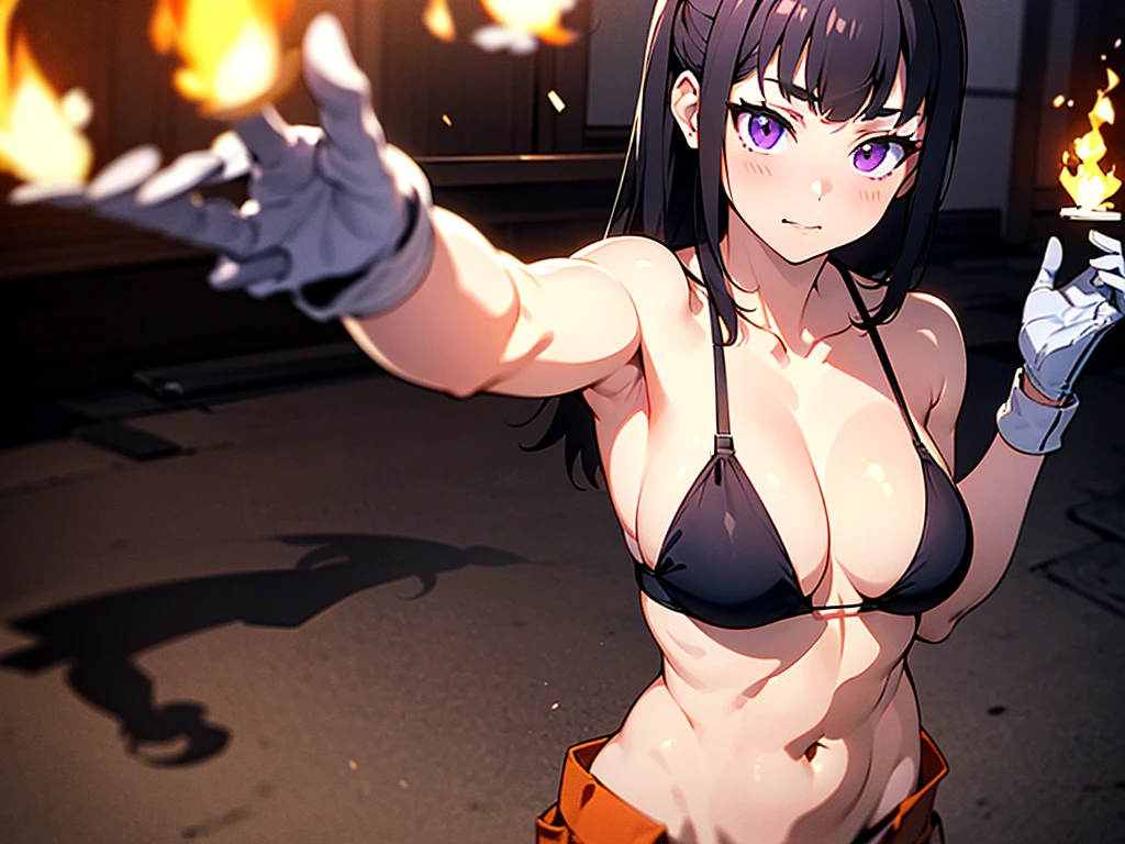 One girl, (alone:1.2), ((masterpiece)), (Shadow), [slim], (Big Breasts), Sturdy body:1.2, ((Sharp focus, Sturdy body)), Pale skin, ((Fine grain)), (Blurred Background), Flame effect, (Small bikini bra), Oversized Orange Cargo Pants, belly button, gloves, (clavicle), Dramatic Pose, Purple eyes
