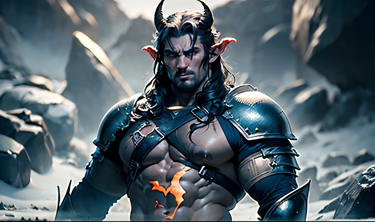 ((masterpiece)), ((best quality:1.2)), High Resolution, 8k, (ultra_realistic:1.3), (photorealistic:1.4), highly detailed, ((1boy)), (close up) ((((very attractive manly incredibly muscular dangerous tiefling general)))), (((dull dark blue skin))), ((long black hair)), ((beard)), (((dangerous and formidable warrior))), (((very manly and masculine))) ((dark blue eyes with light glow)), (((heavily scarred body))), (wearing heavy leather armor with straps), ((set of long and massive dark curled ridged horns like a ram)), background is a bleak snowy rocky hellish desolate wasteland like Cania, ((massive muscular body)), cinematic, crystal clear, (global illumination), (subsurface scattering), (bleak lighting, soft light)